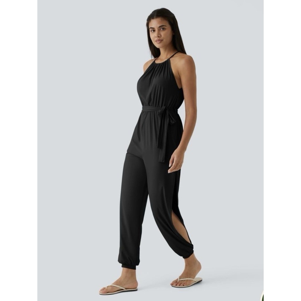 Halara Sz Medium Sleeveless‎ Tie Back Belted Pocket Cut Out Legs Jumpsuit Black